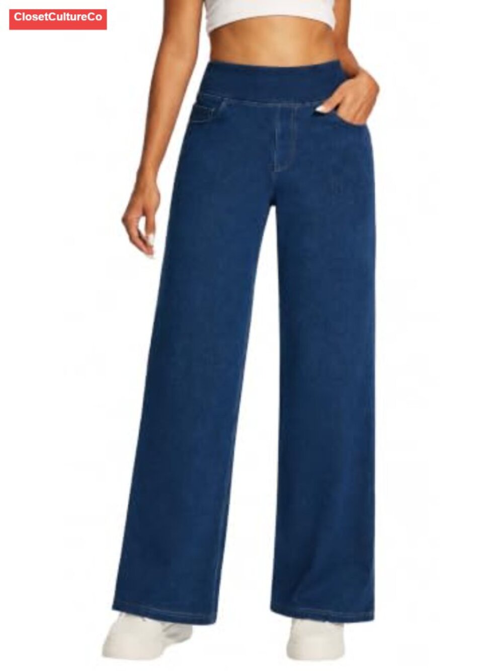 Wide Leg Stretch Pull On Jeans High Rise Loose Fit 5 Pocket Denim